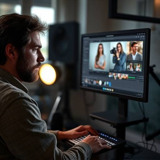 Editor working on a computer with photo editing software