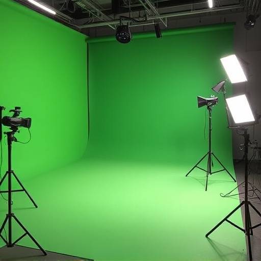 Green screen studio with professional lighting equipment
