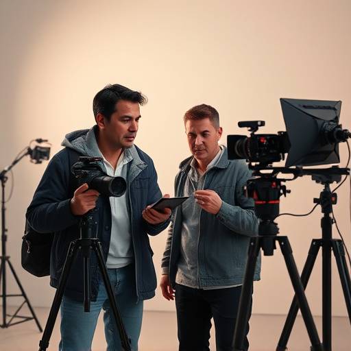 Two people discussing photography strategy in a studio setting