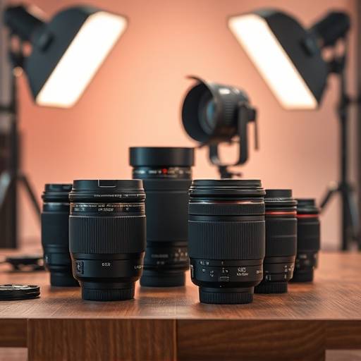 Variety of camera lenses and lighting equipment on a table